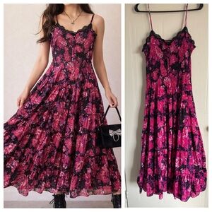 Betsey Johnson Size 6 Floral Smocked Maxi Dress Pink Black Romantic Goth